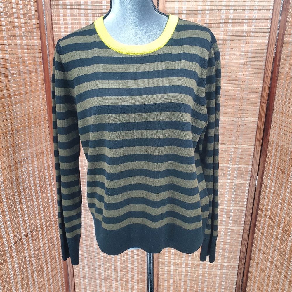 ♡ Banana Republic Striped Merino Wool Crew Neck Sweater Green Black Size XL